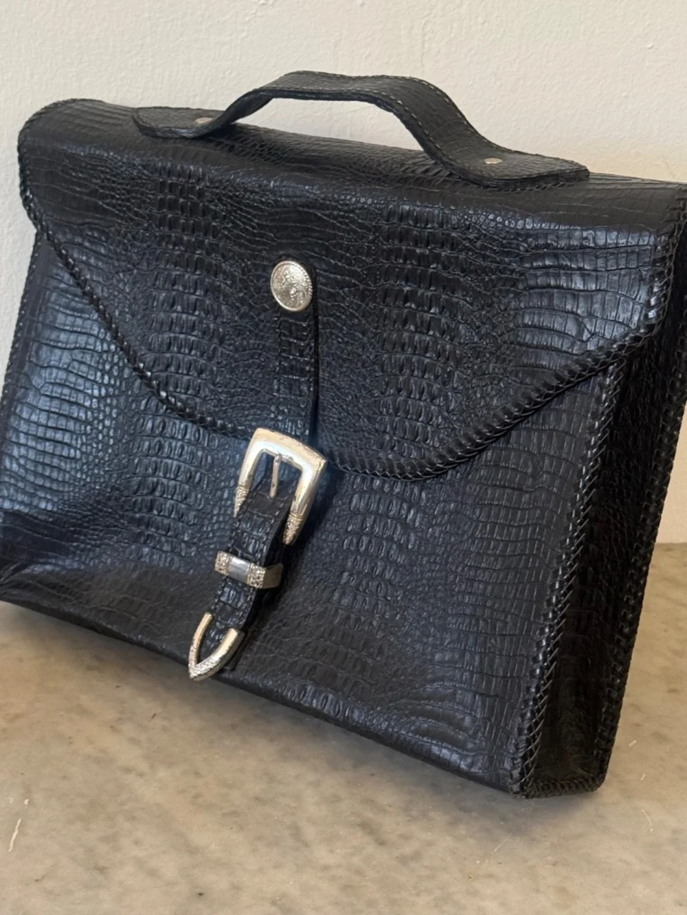 Vintage Black Croc Embossed Leather Briefcase Western Executive Attache